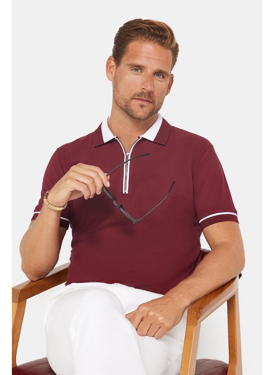 Men's Slim Fit Slim Cut Cotton Plain Pique Zippered Burgundy Polo Neck T-Shirt