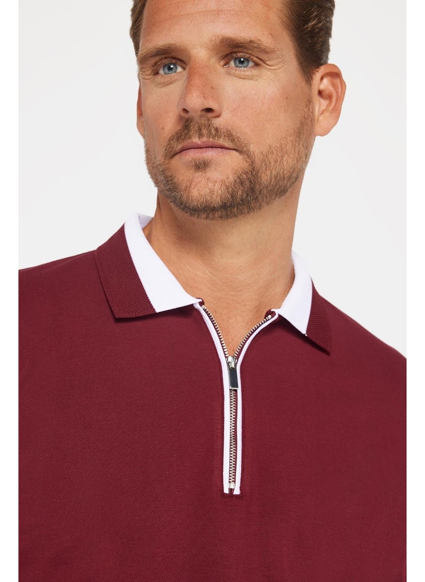 Men's Slim Fit Slim Cut Cotton Plain Pique Zippered Burgundy Polo Neck T-Shirt