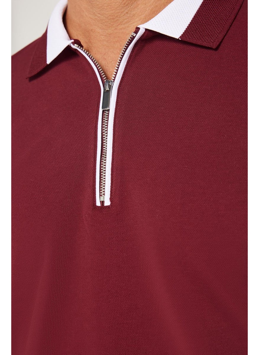 Men's Slim Fit Slim Cut Cotton Plain Pique Zippered Burgundy Polo Neck T-Shirt