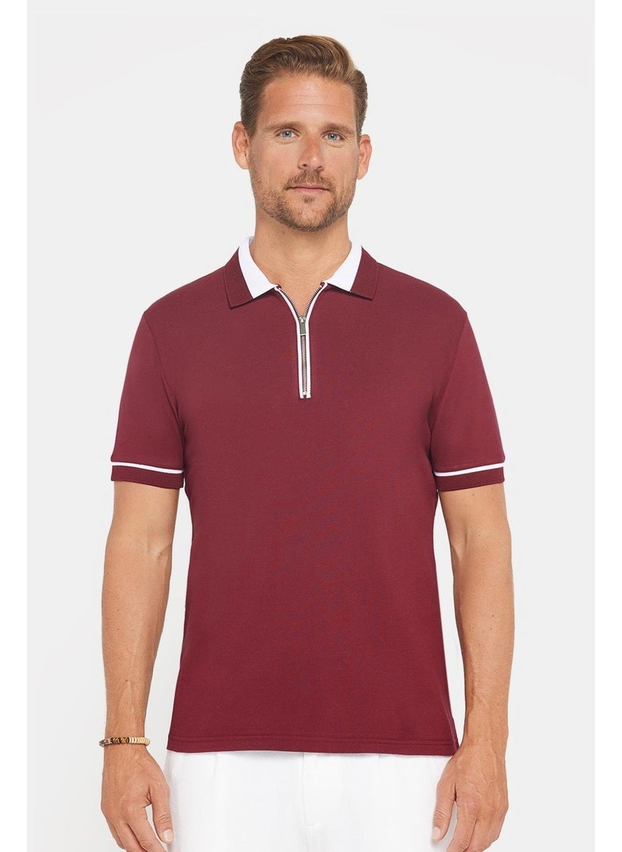 Men's Slim Fit Slim Cut Cotton Plain Pique Zippered Burgundy Polo Neck T-Shirt