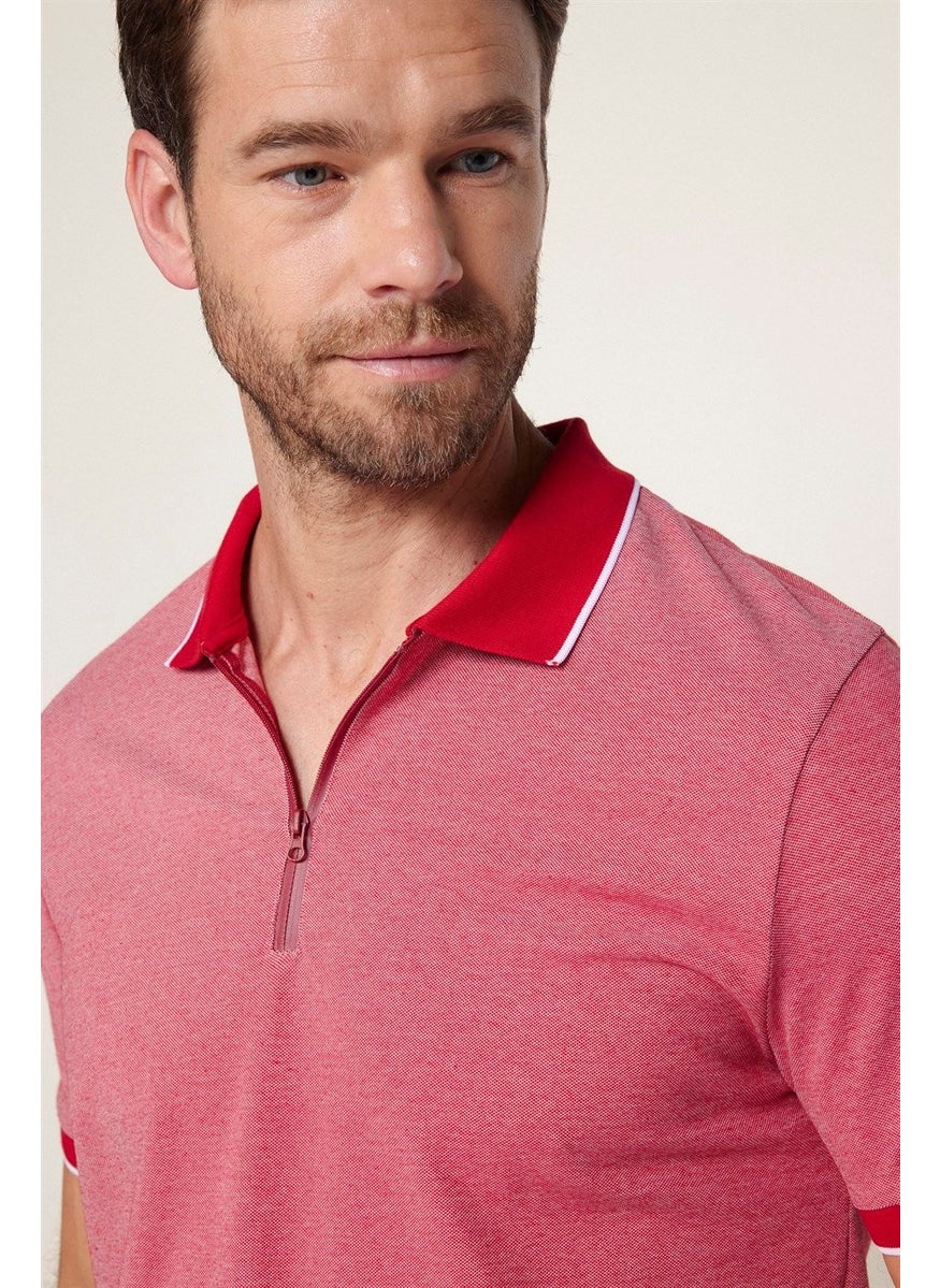 Men's Slim Fit Narrow Cut Cotton Zippered Claret Red Polo Collar T-Shirt