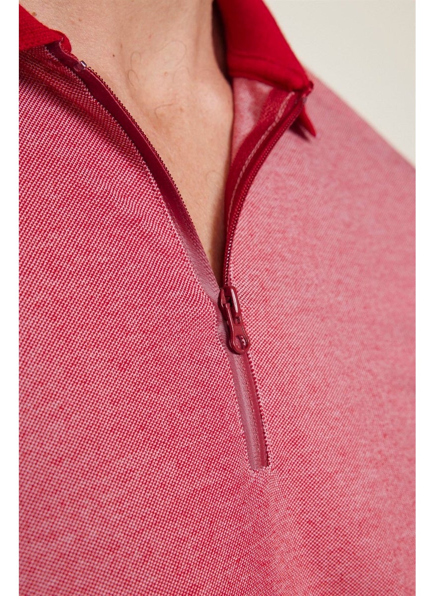 Men's Slim Fit Narrow Cut Cotton Zippered Claret Red Polo Collar T-Shirt