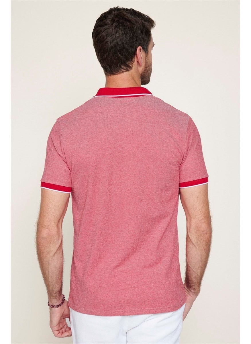Men's Slim Fit Narrow Cut Cotton Zippered Claret Red Polo Collar T-Shirt