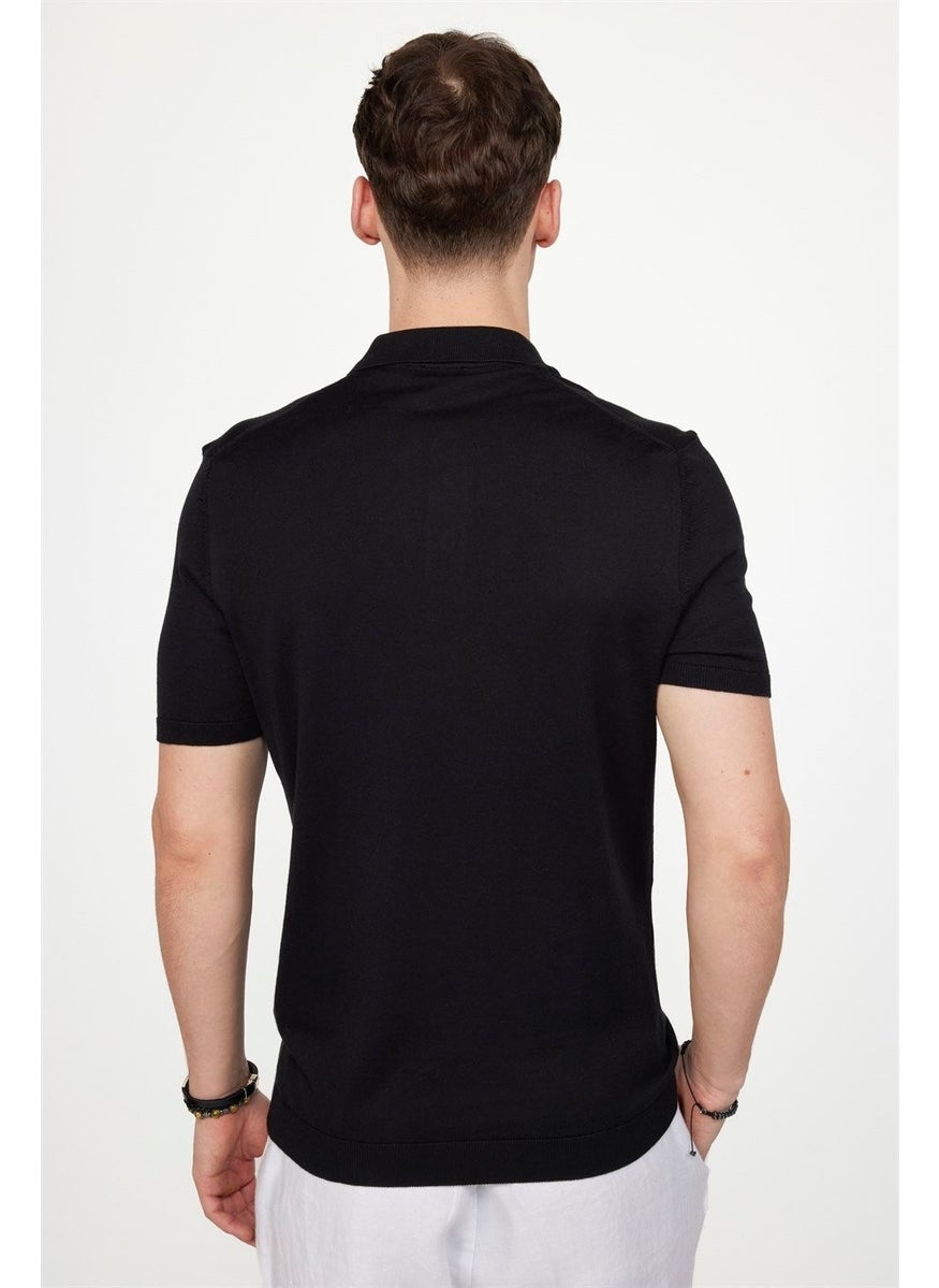 Men's Slim Fit Narrow Cut Cotton Knitted Knitwear Black Polo Neck T-Shirt