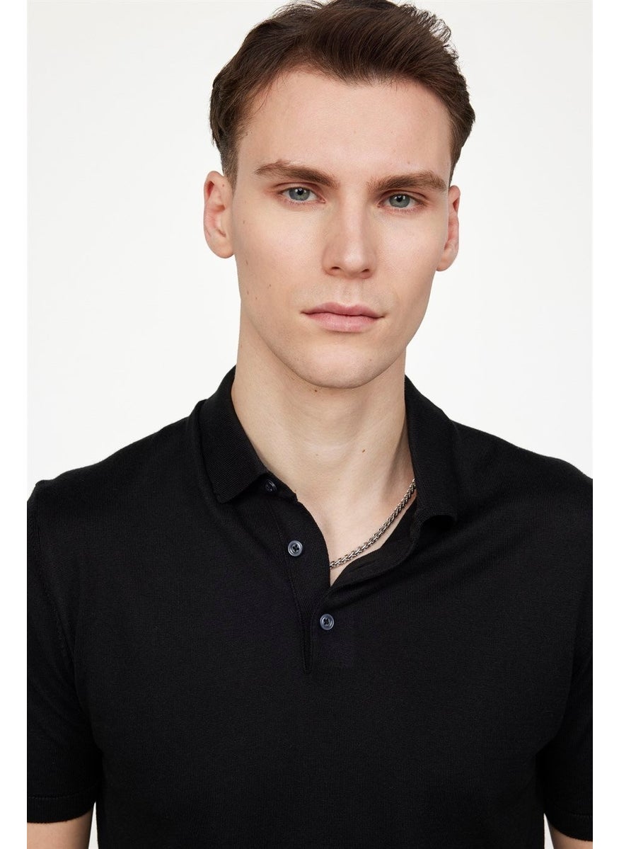 Men's Slim Fit Narrow Cut Cotton Knitted Knitwear Black Polo Neck T-Shirt