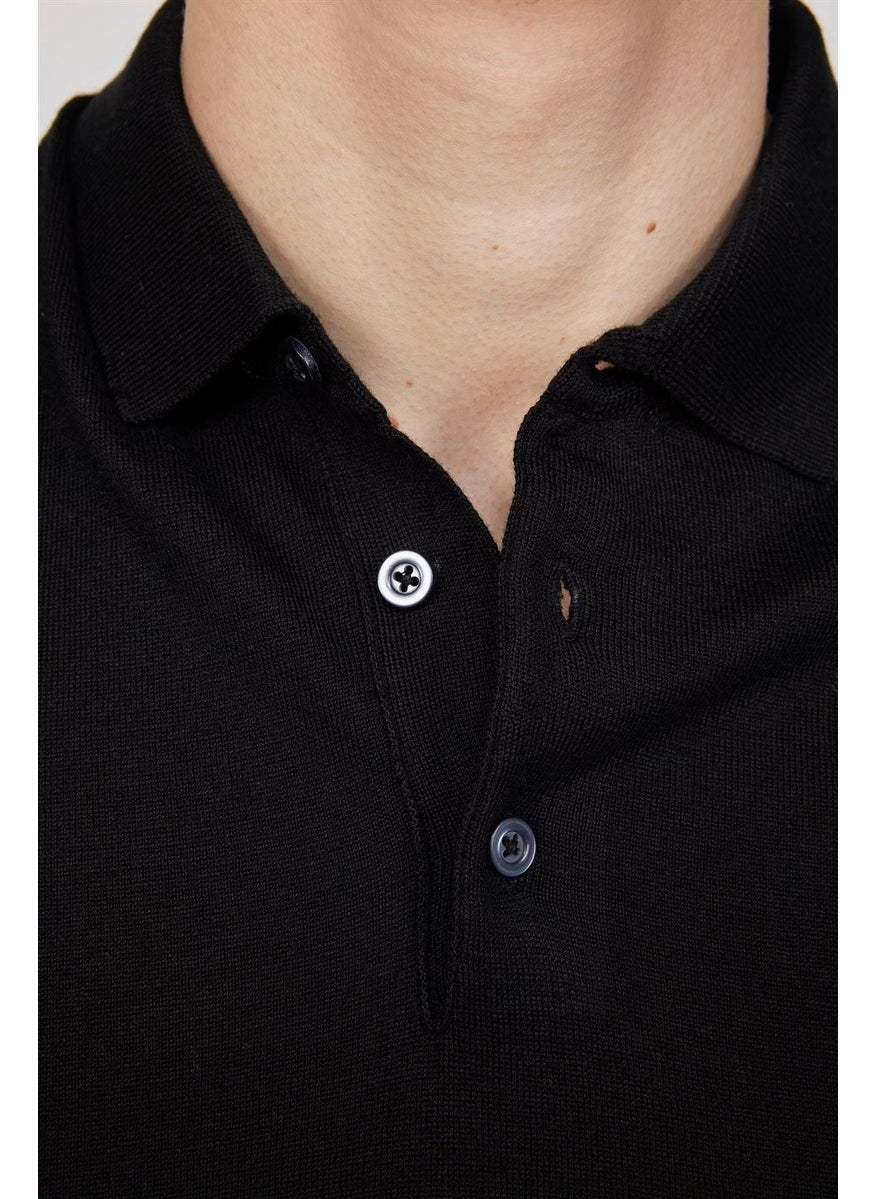 Men's Slim Fit Narrow Cut Cotton Knitted Knitwear Black Polo Neck T-Shirt