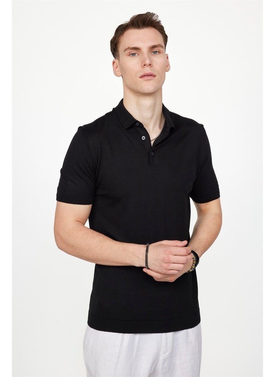 Men's Slim Fit Narrow Cut Cotton Knitted Knitwear Black Polo Neck T-Shirt