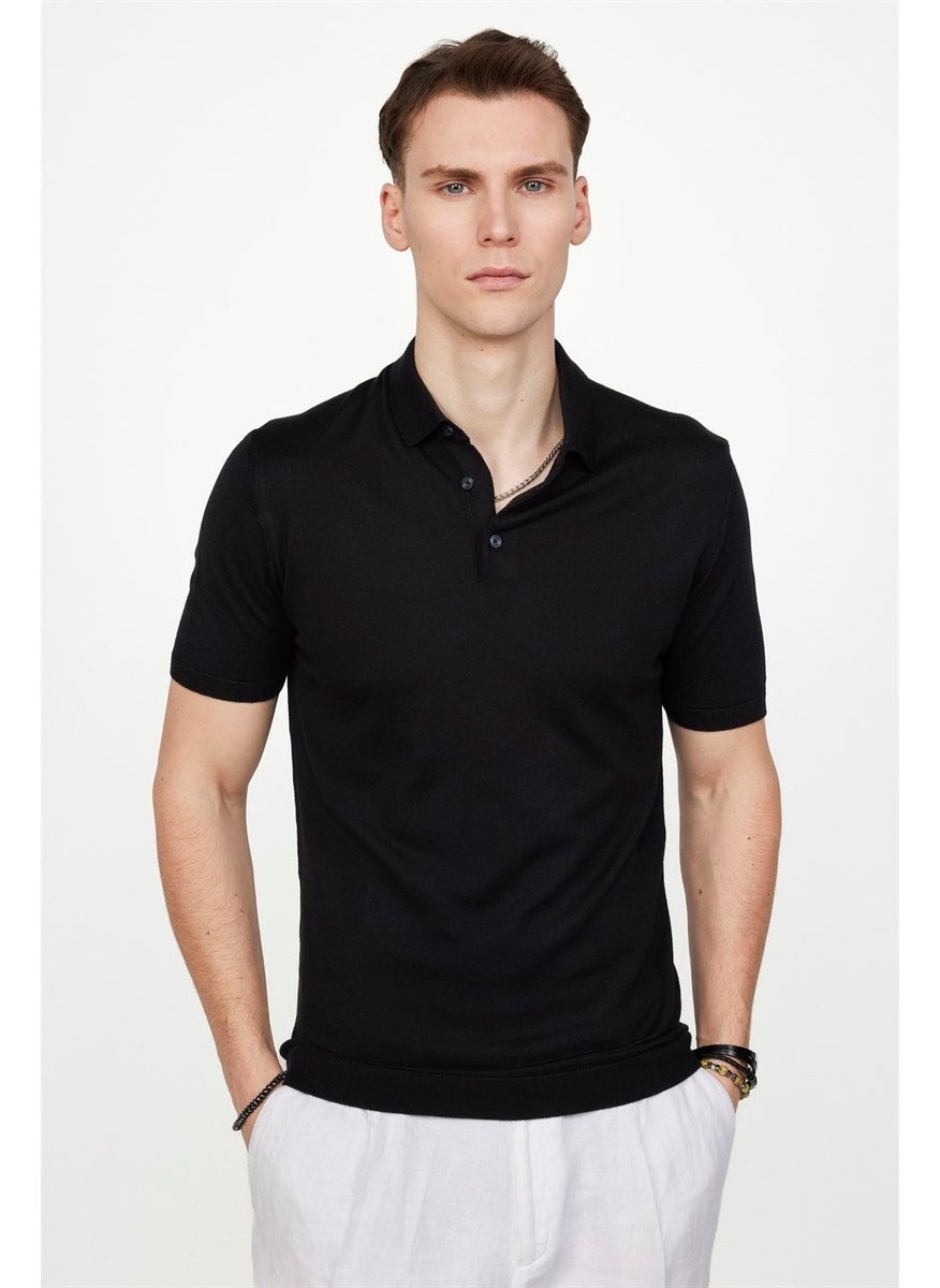 Men's Slim Fit Narrow Cut Cotton Knitted Knitwear Black Polo Neck T-Shirt