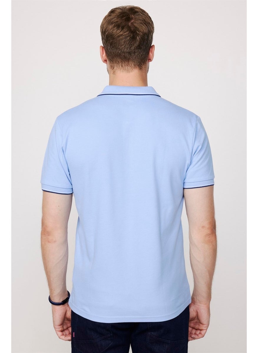Men's Polo Neck Slim Fit Collar and Sleeve Striped Pique Blue T-Shirt