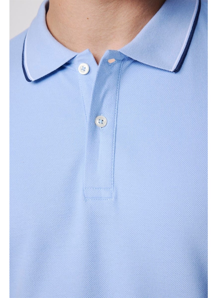 Men's Polo Neck Slim Fit Collar and Sleeve Striped Pique Blue T-Shirt