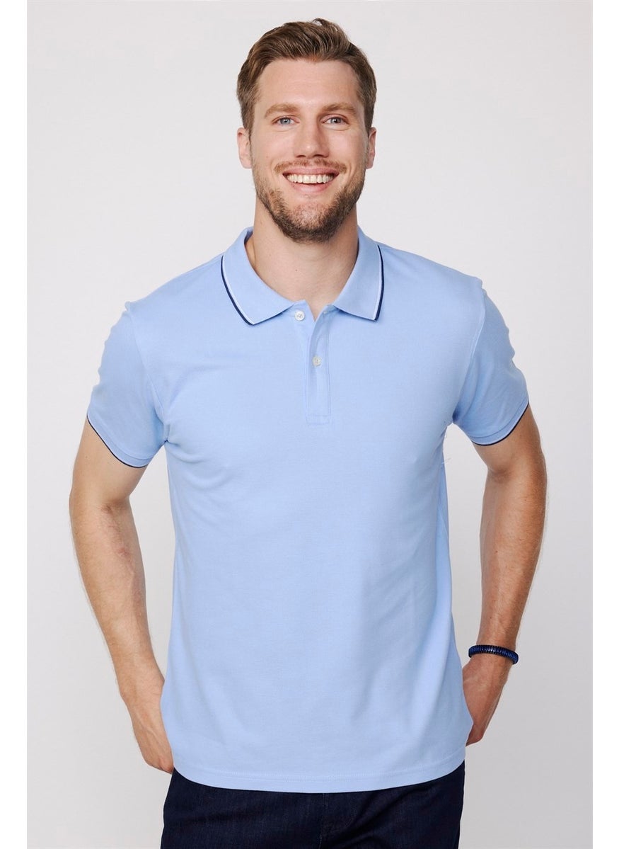 Men's Polo Neck Slim Fit Collar and Sleeve Striped Pique Blue T-Shirt