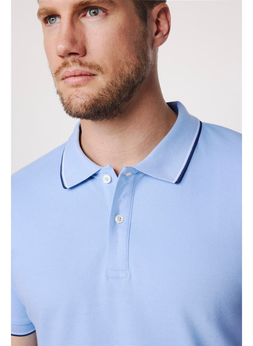 Men's Polo Neck Slim Fit Collar and Sleeve Striped Pique Blue T-Shirt