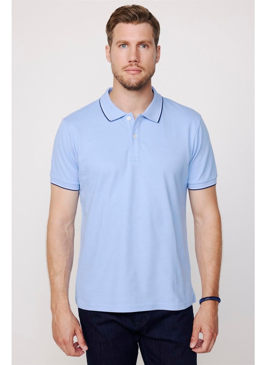 Men's Polo Neck Slim Fit Collar and Sleeve Striped Pique Blue T-Shirt