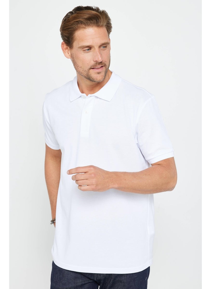 Men's Classic Fit Relaxed Cut Cotton Plain Pique White Polo Neck T-Shirt