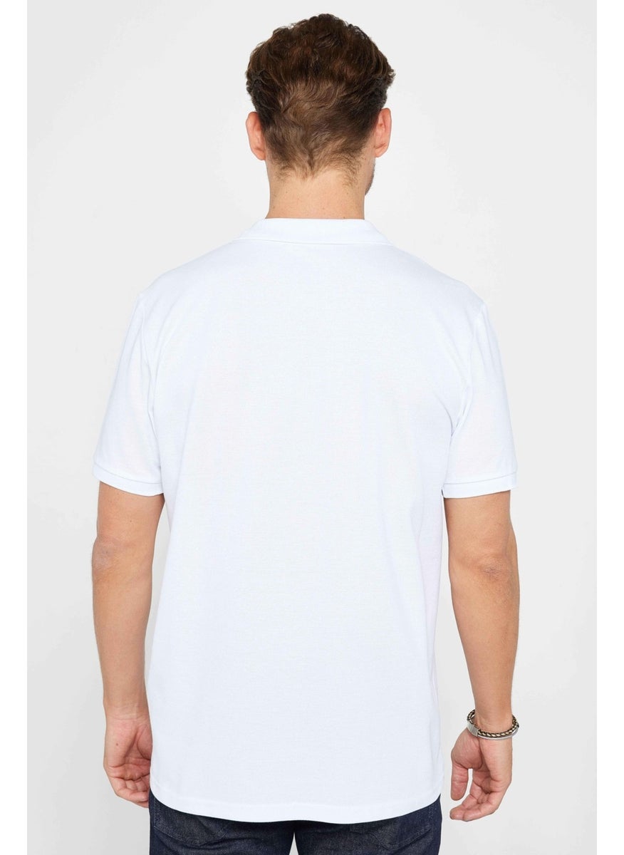 Men's Classic Fit Relaxed Cut Cotton Plain Pique White Polo Neck T-Shirt