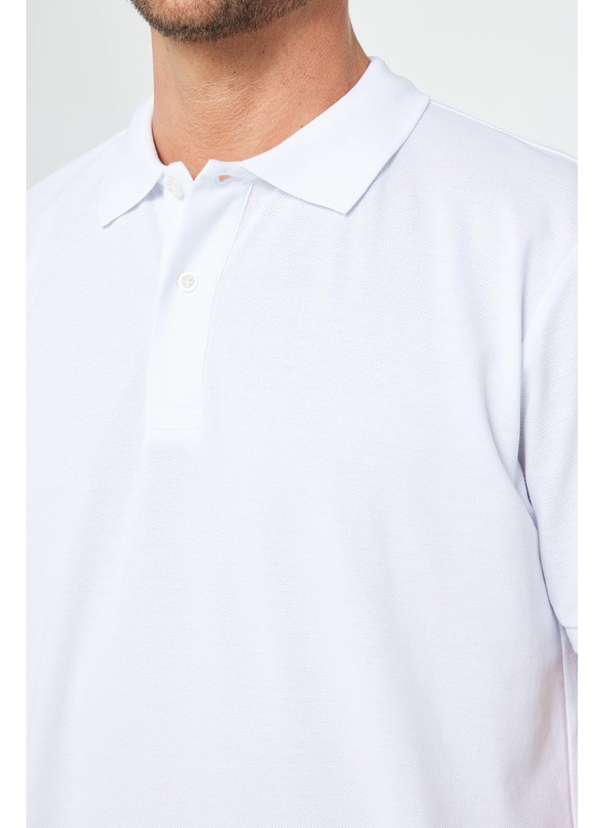 Men's Classic Fit Relaxed Cut Cotton Plain Pique White Polo Neck T-Shirt