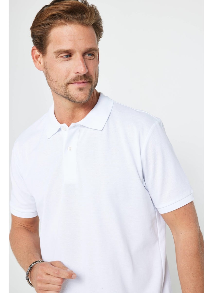 Men's Classic Fit Relaxed Cut Cotton Plain Pique White Polo Neck T-Shirt