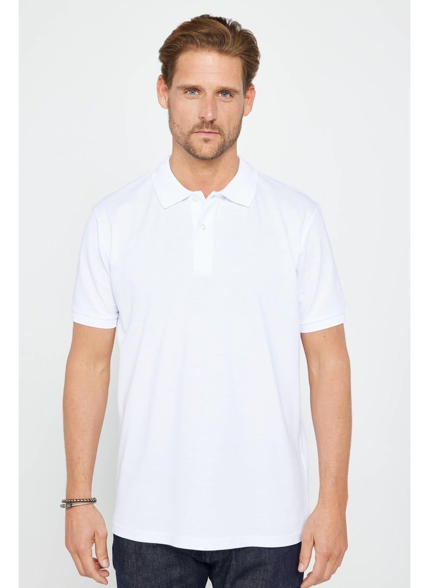 Men's Classic Fit Relaxed Cut Cotton Plain Pique White Polo Neck T-Shirt