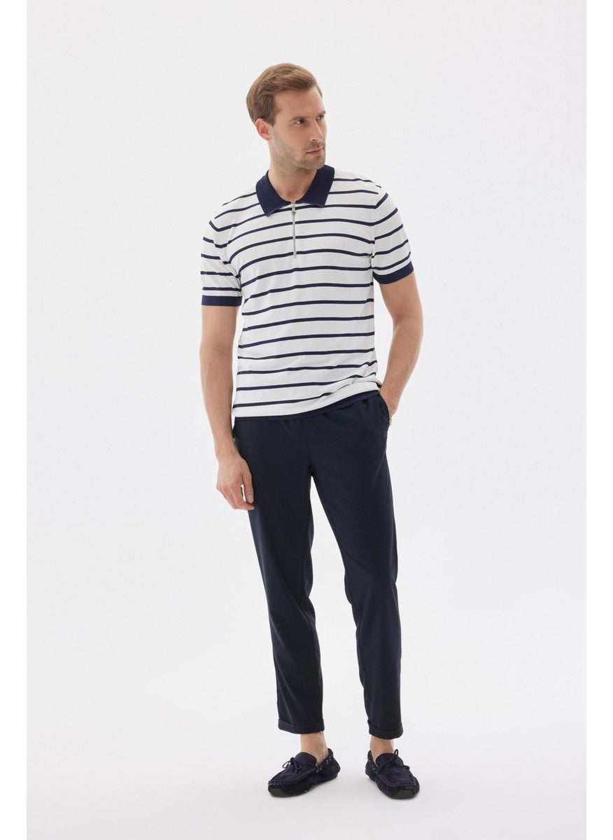Limited Men's Striped Polo Collar Rayon Knitwear T-Shirt Navy Blue