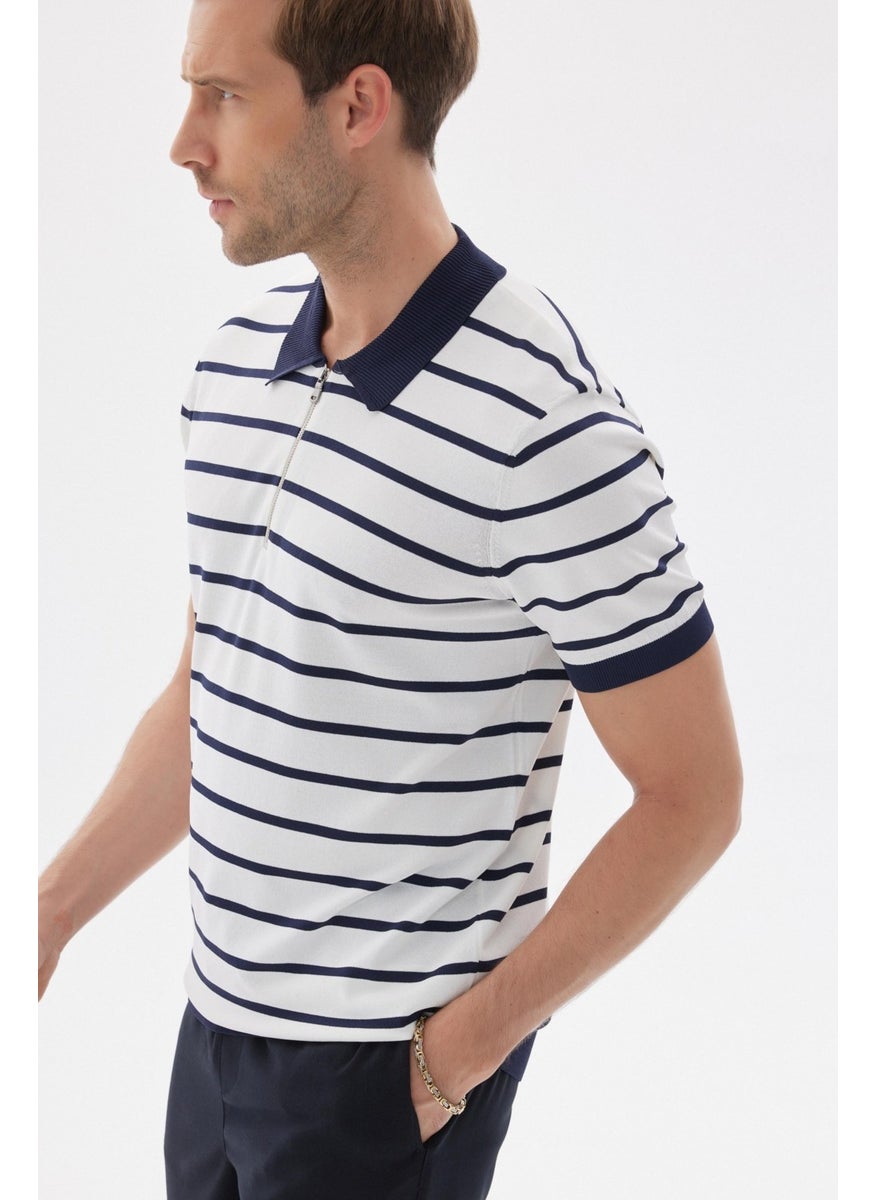Limited Men's Striped Polo Collar Rayon Knitwear T-Shirt Navy Blue