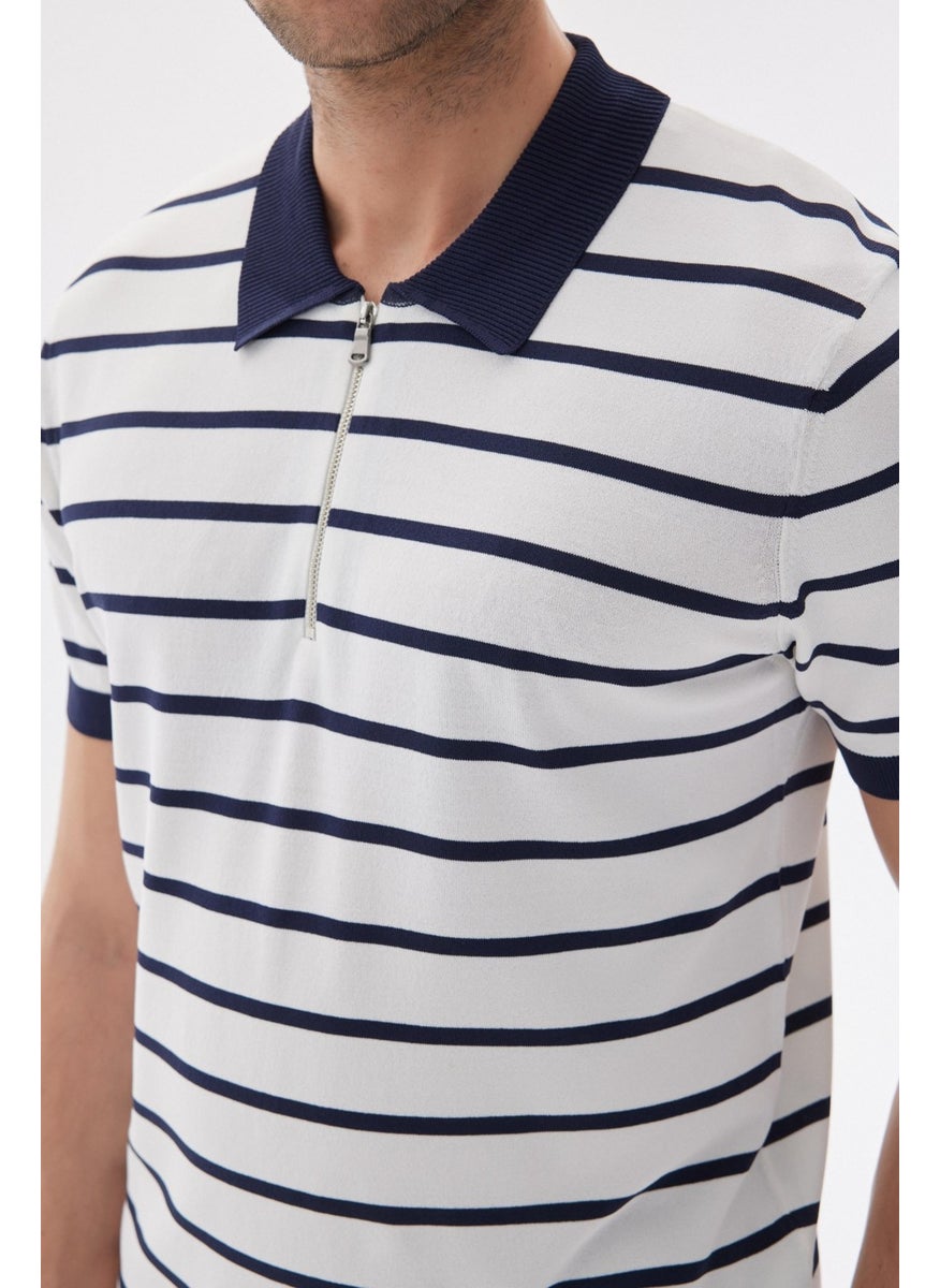 Limited Men's Striped Polo Collar Rayon Knitwear T-Shirt Navy Blue