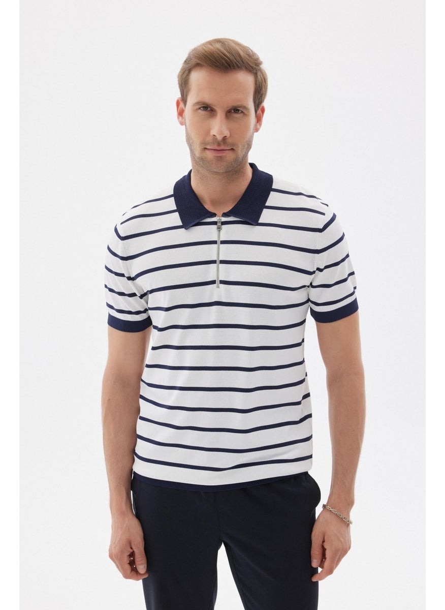 Limited Men's Striped Polo Collar Rayon Knitwear T-Shirt Navy Blue