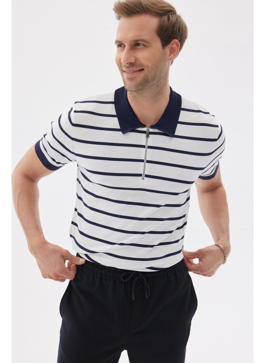 Limited Men's Striped Polo Collar Rayon Knitwear T-Shirt Navy Blue