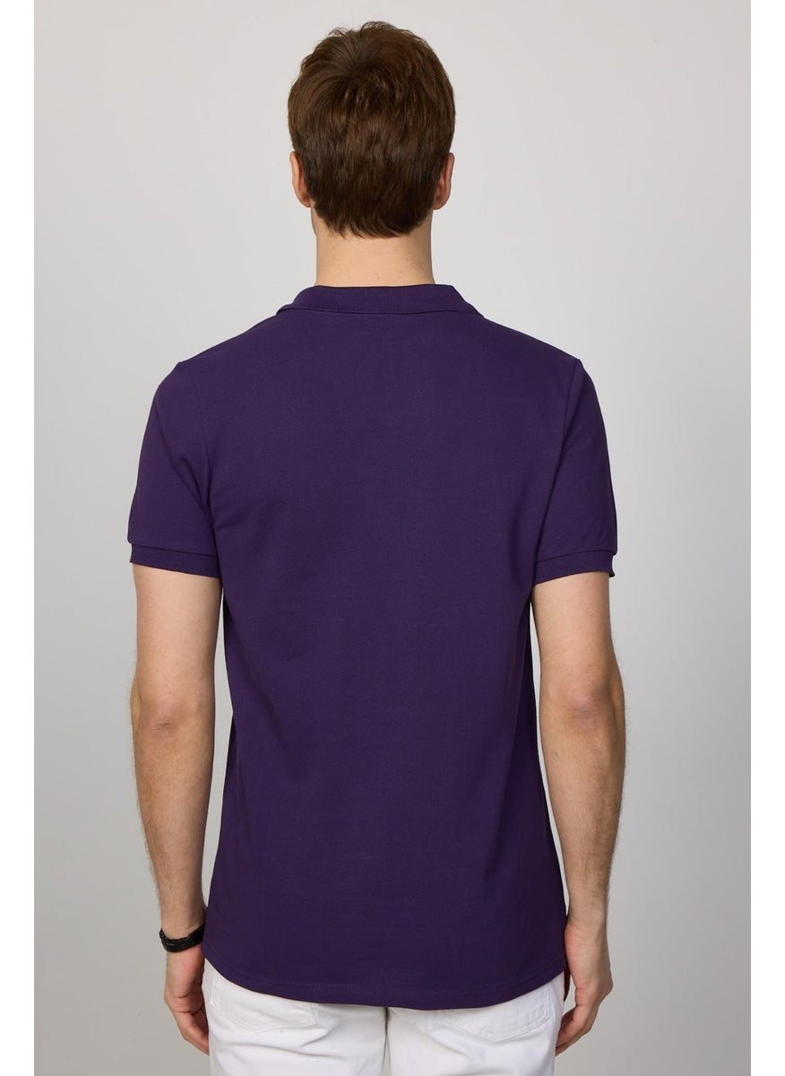 Men's Slim Fit Narrow Cut Cotton Plain Pique Purple Polo Collar T-Shirt