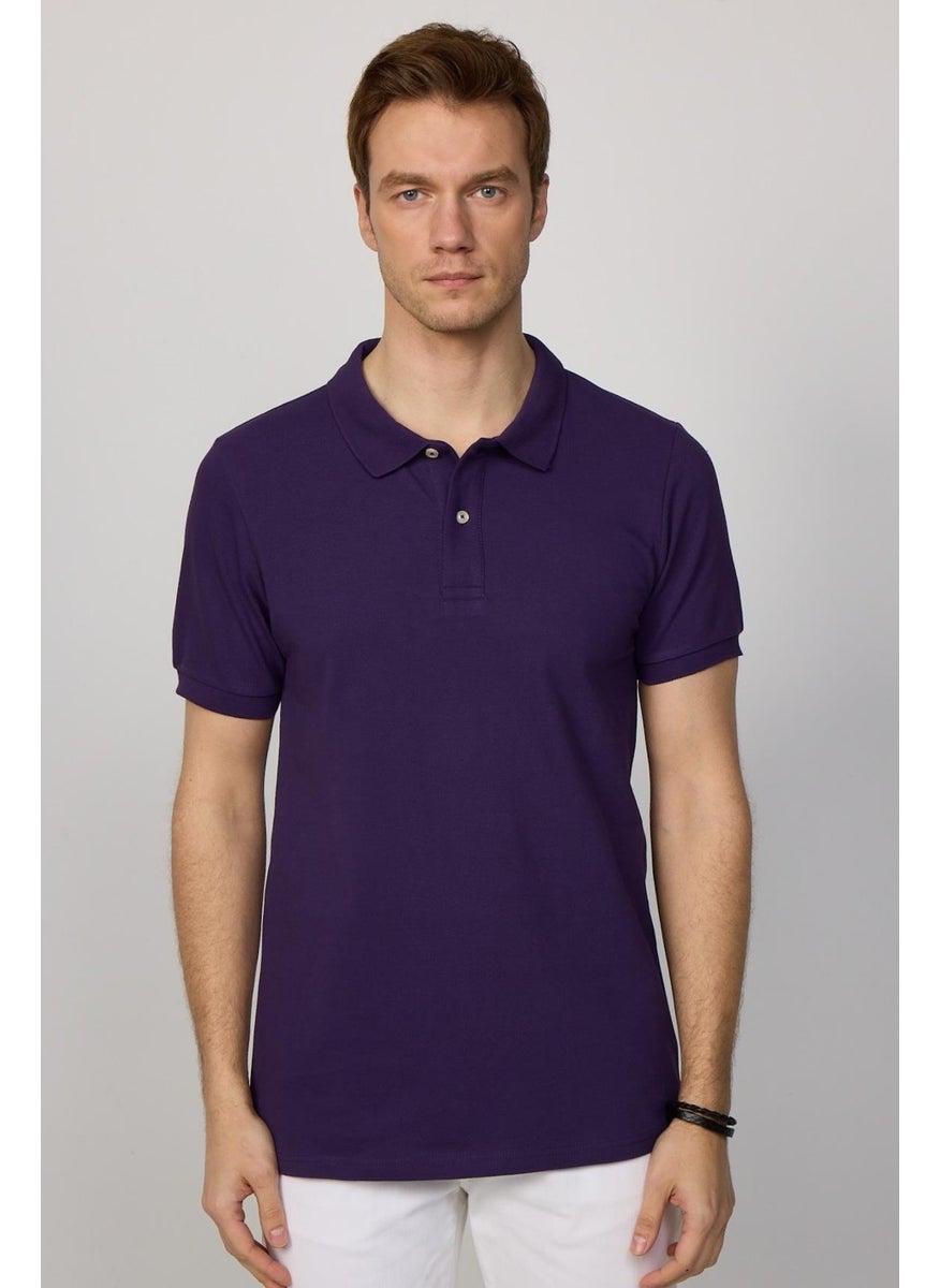 Men's Slim Fit Narrow Cut Cotton Plain Pique Purple Polo Collar T-Shirt