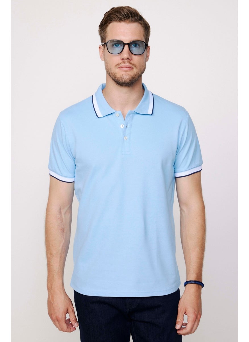 Men's Polo Neck Slim Fit Collar and Sleeve Striped Pique Blue T-Shirt
