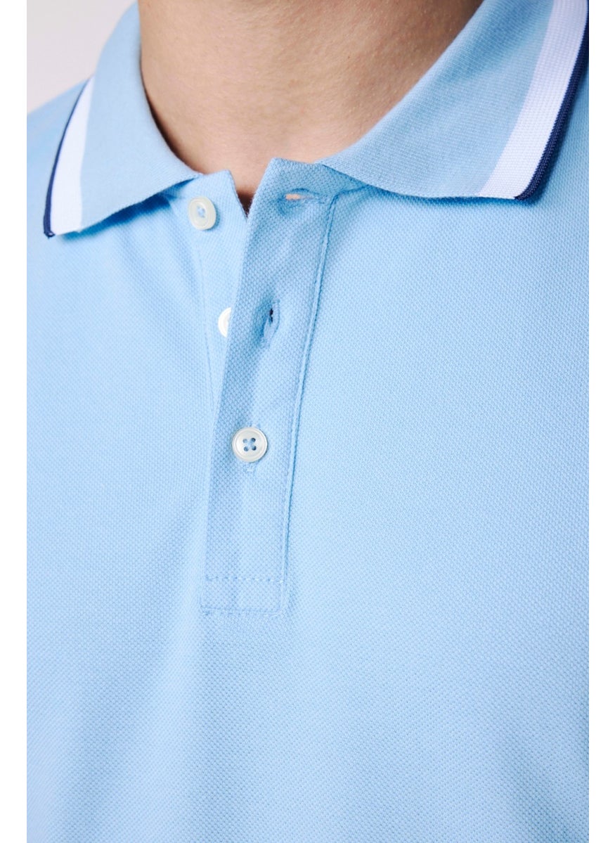 Men's Polo Neck Slim Fit Collar and Sleeve Striped Pique Blue T-Shirt
