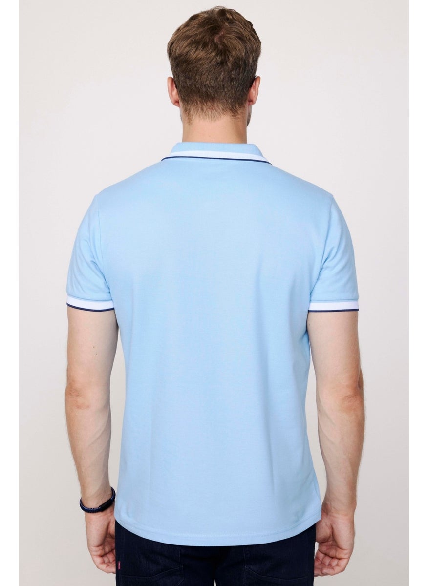 Men's Polo Neck Slim Fit Collar and Sleeve Striped Pique Blue T-Shirt