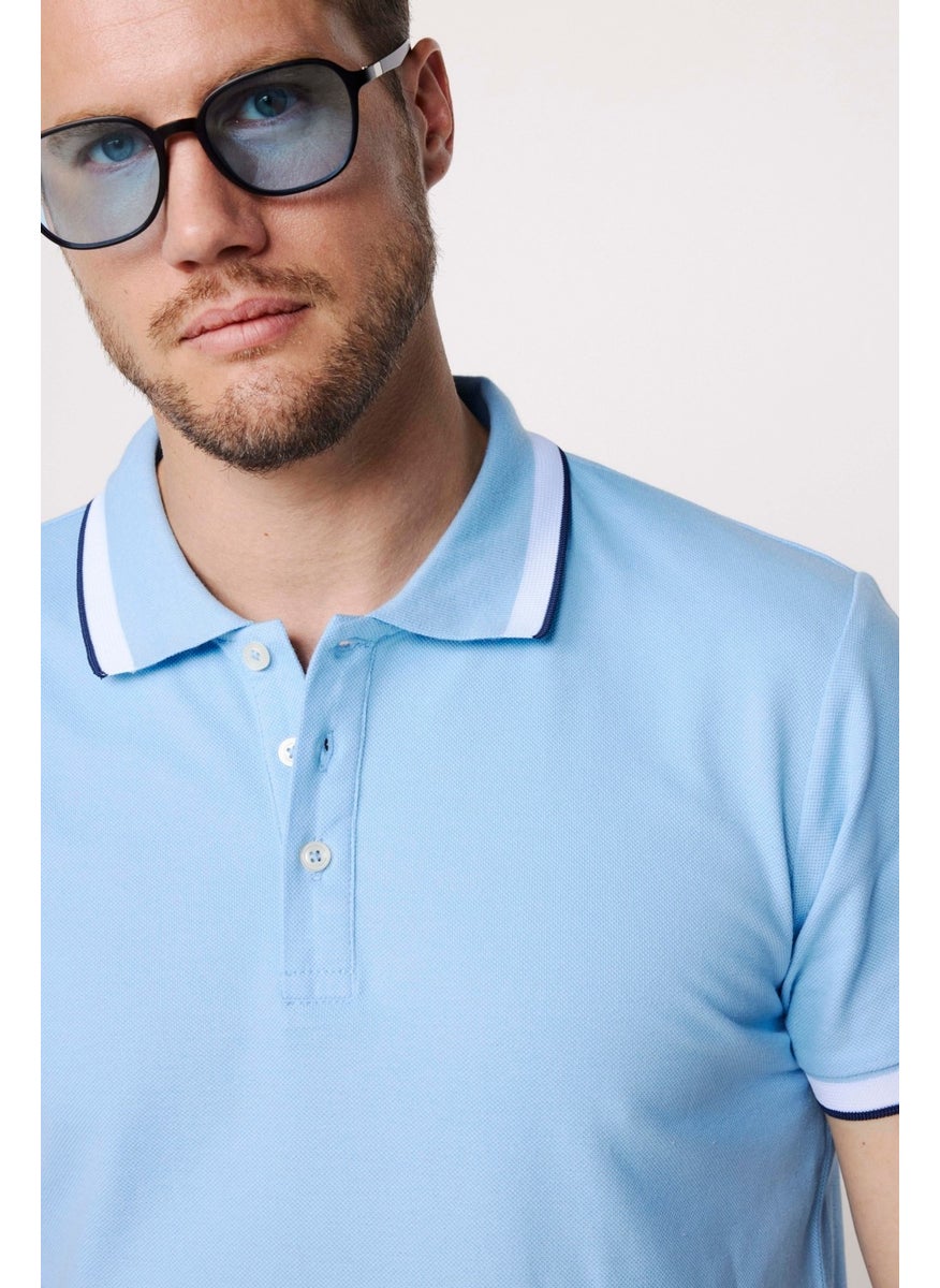 Men's Polo Neck Slim Fit Collar and Sleeve Striped Pique Blue T-Shirt