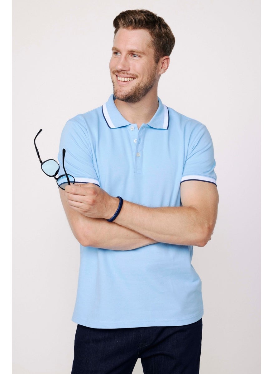 Men's Polo Neck Slim Fit Collar and Sleeve Striped Pique Blue T-Shirt
