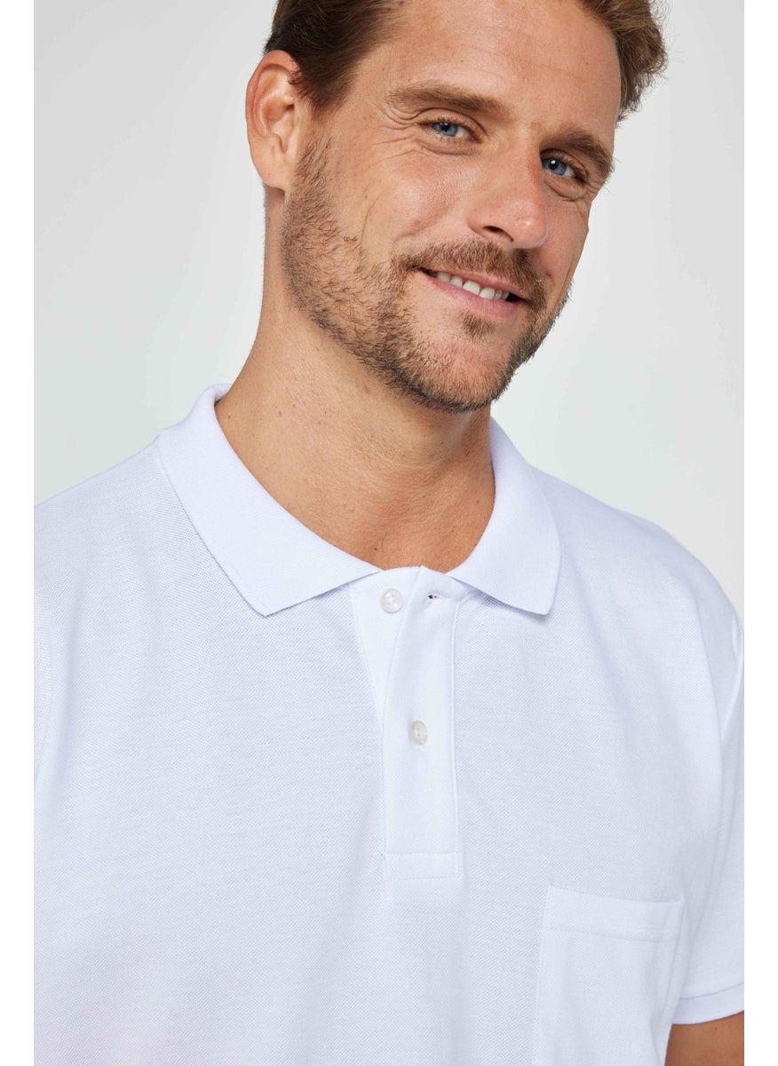 Men's Classic Fit Relaxed Cut Cotton Plain Pique White Polo Neck T-Shirt
