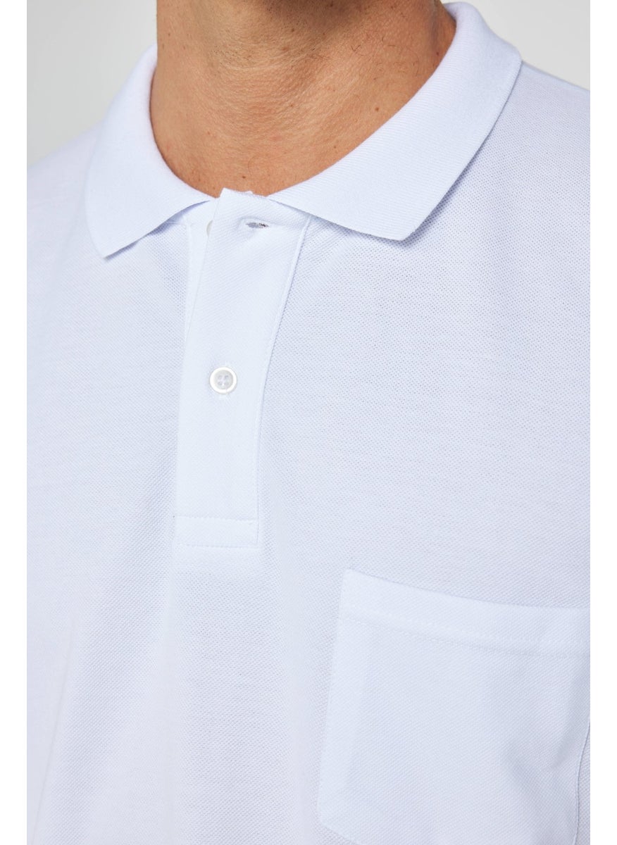 Men's Classic Fit Relaxed Cut Cotton Plain Pique White Polo Neck T-Shirt