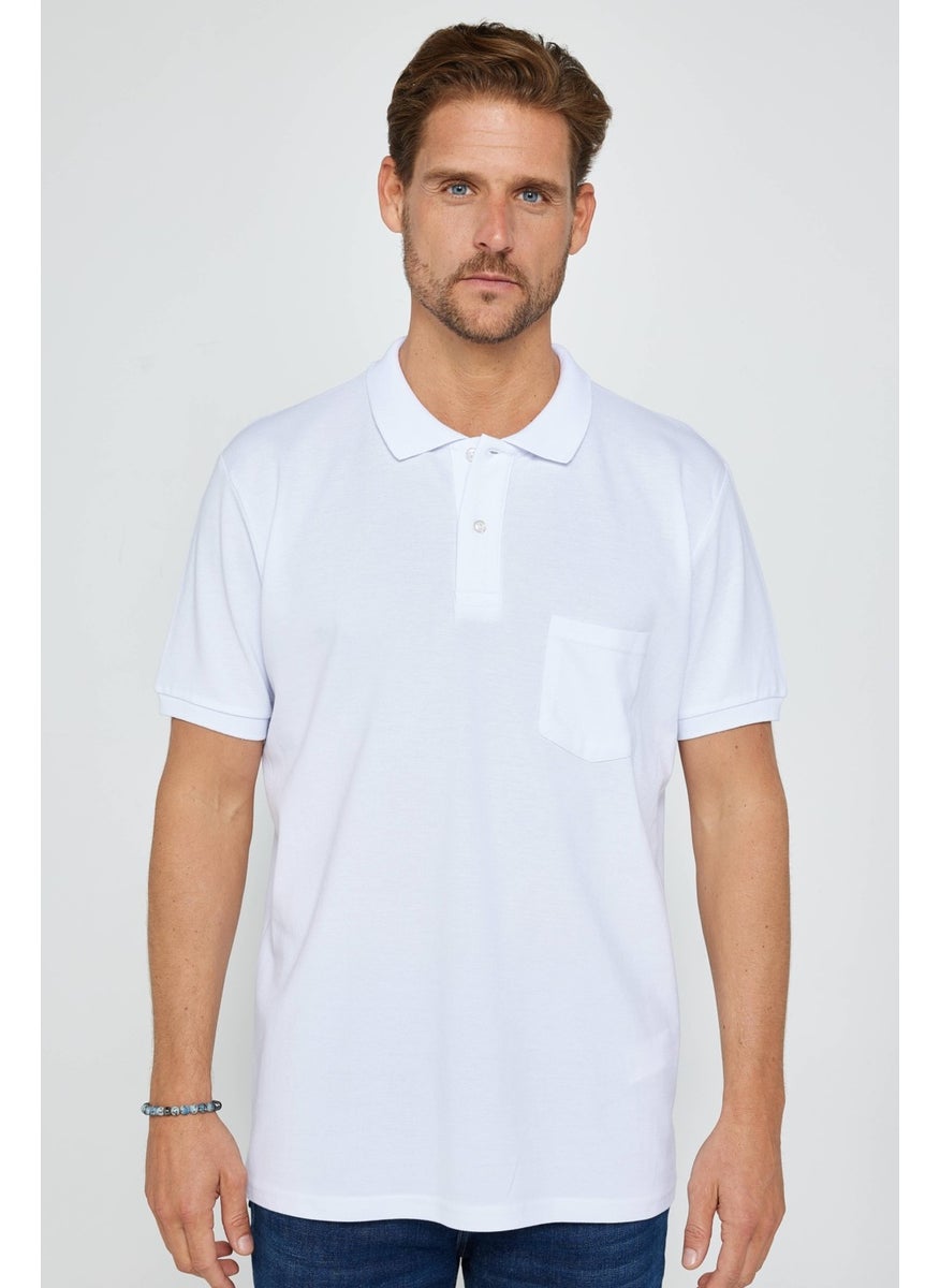 Men's Classic Fit Relaxed Cut Cotton Plain Pique White Polo Neck T-Shirt