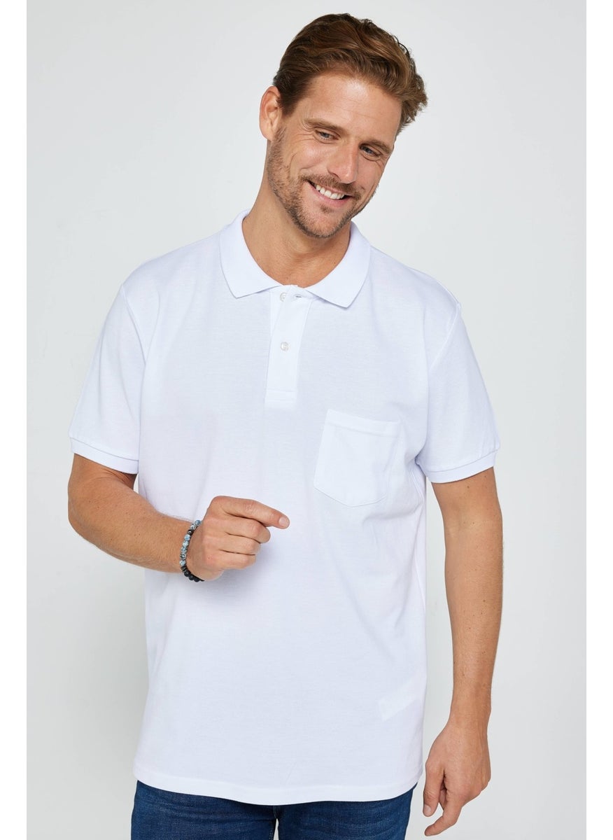 Men's Classic Fit Relaxed Cut Cotton Plain Pique White Polo Neck T-Shirt