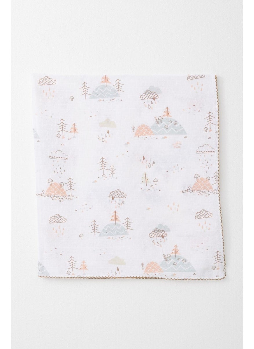 Newborn Baby Muslin Blanket Spring Themed Cloud Pattern Ecru