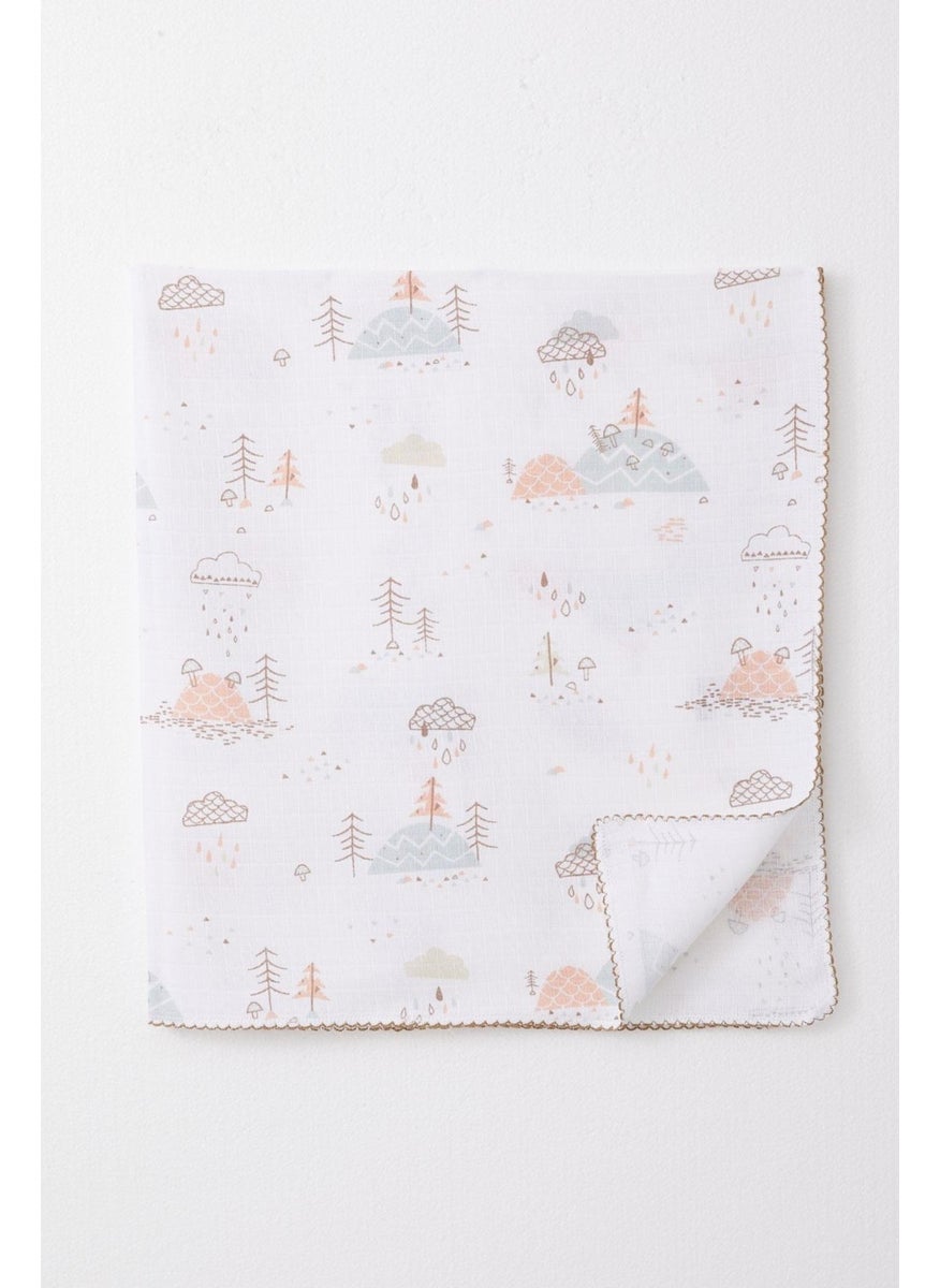 Newborn Baby Muslin Blanket Spring Themed Cloud Pattern Ecru