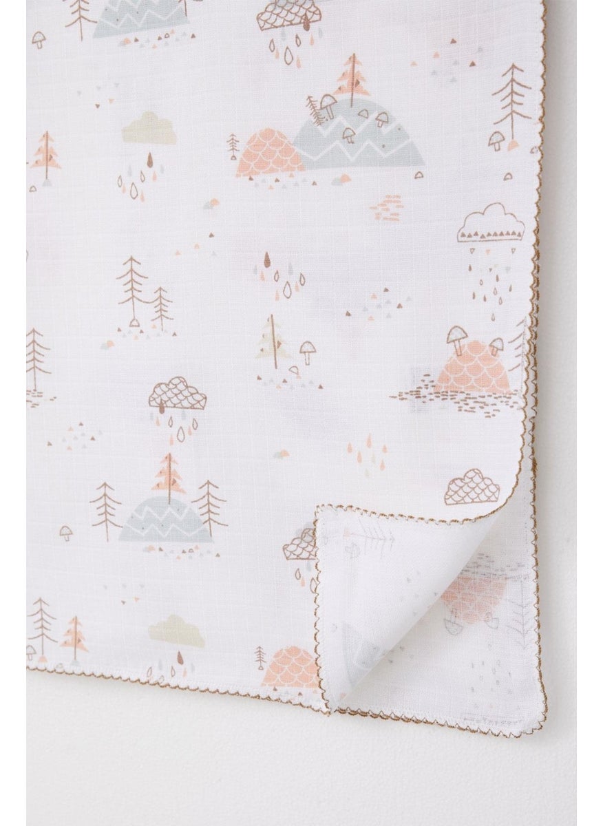 Newborn Baby Muslin Blanket Spring Themed Cloud Pattern Ecru