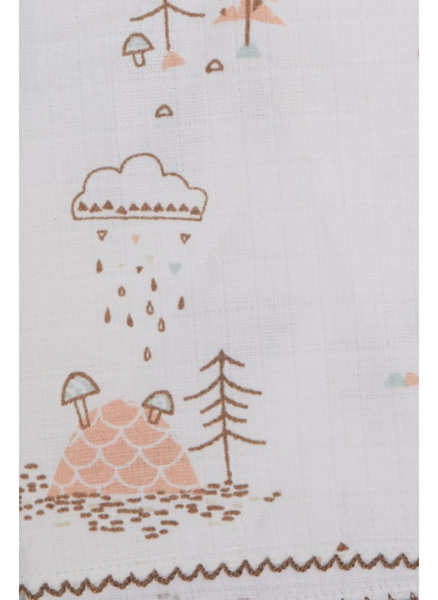 Newborn Baby Muslin Blanket Rain Themed Tree Pattern Ecru
