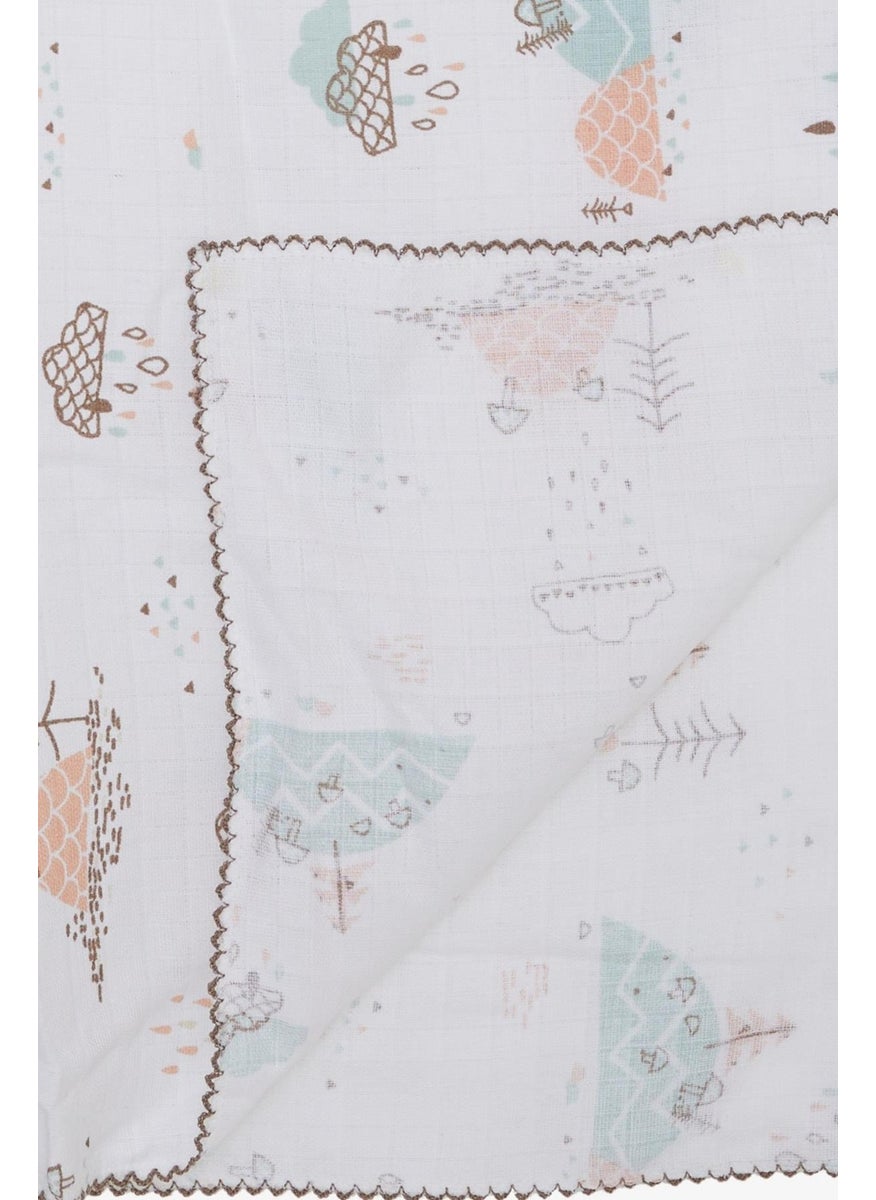 Newborn Baby Muslin Blanket Rain Themed Tree Pattern Ecru