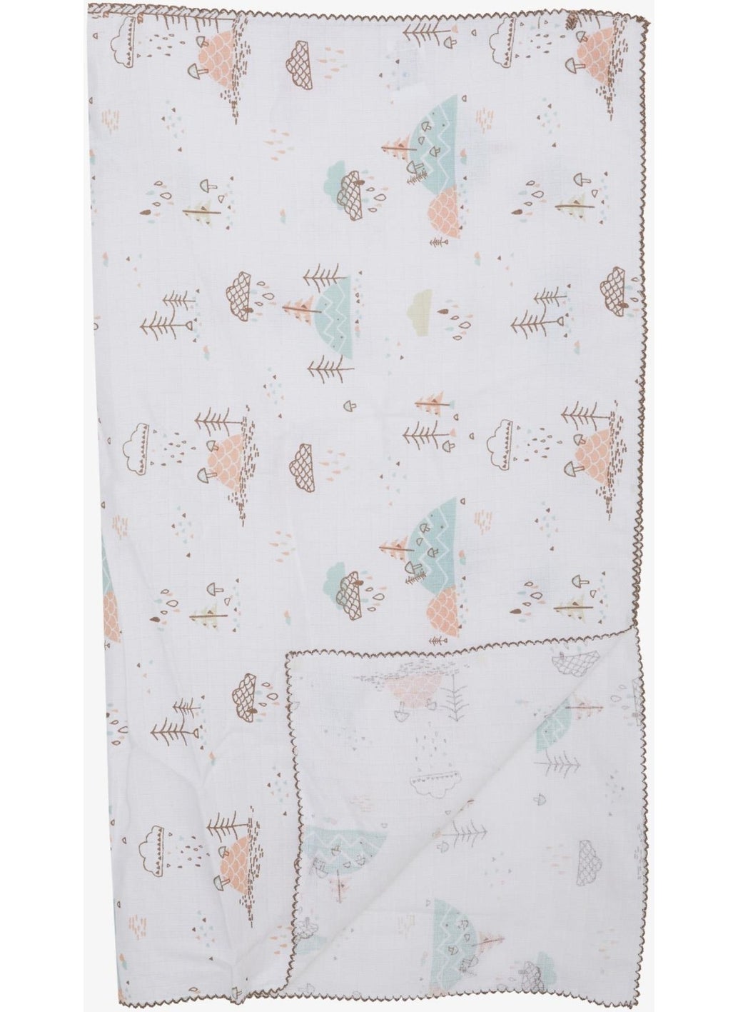 Newborn Baby Muslin Blanket Rain Themed Tree Pattern Ecru