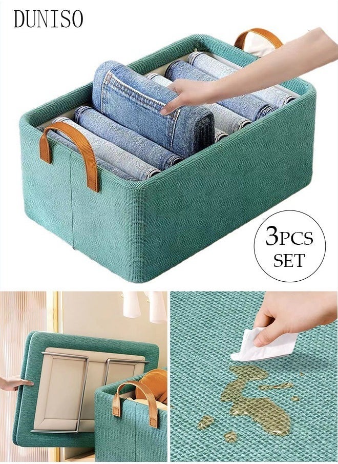 3pcs Foldable Closet Storage Organizer,Wardrobe Clothes Organizer for Clothes Jeans Washable Closet Storage Boxes with Carrying Handles Cube Storage Bin for Home Bedroom Office