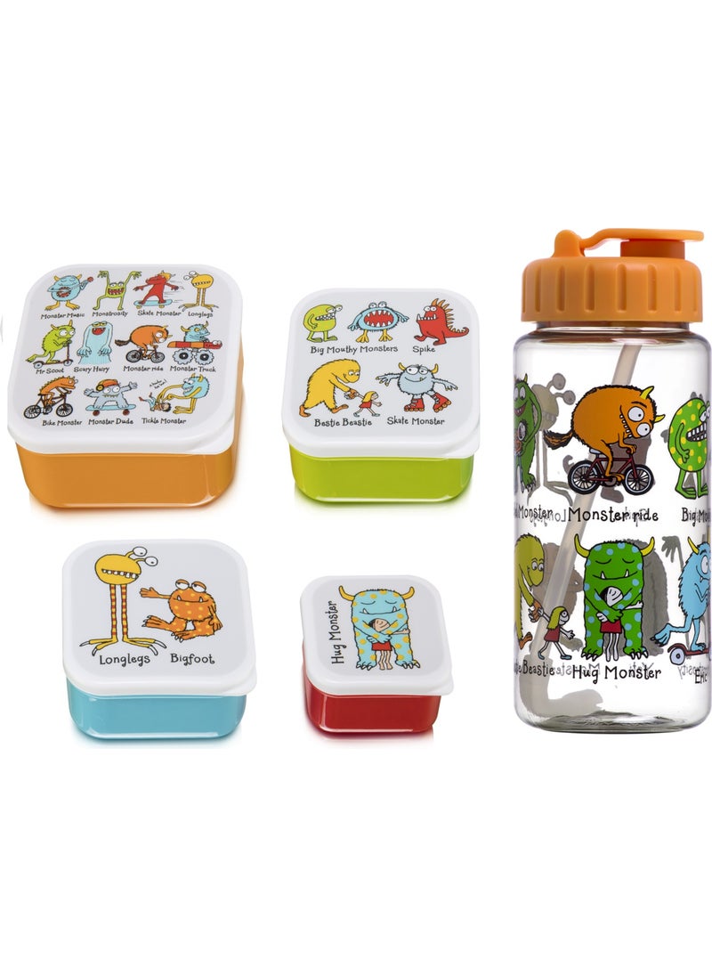 Non-Spill Water Bottle with Straw 4-Piece Lunch Box Monster Set