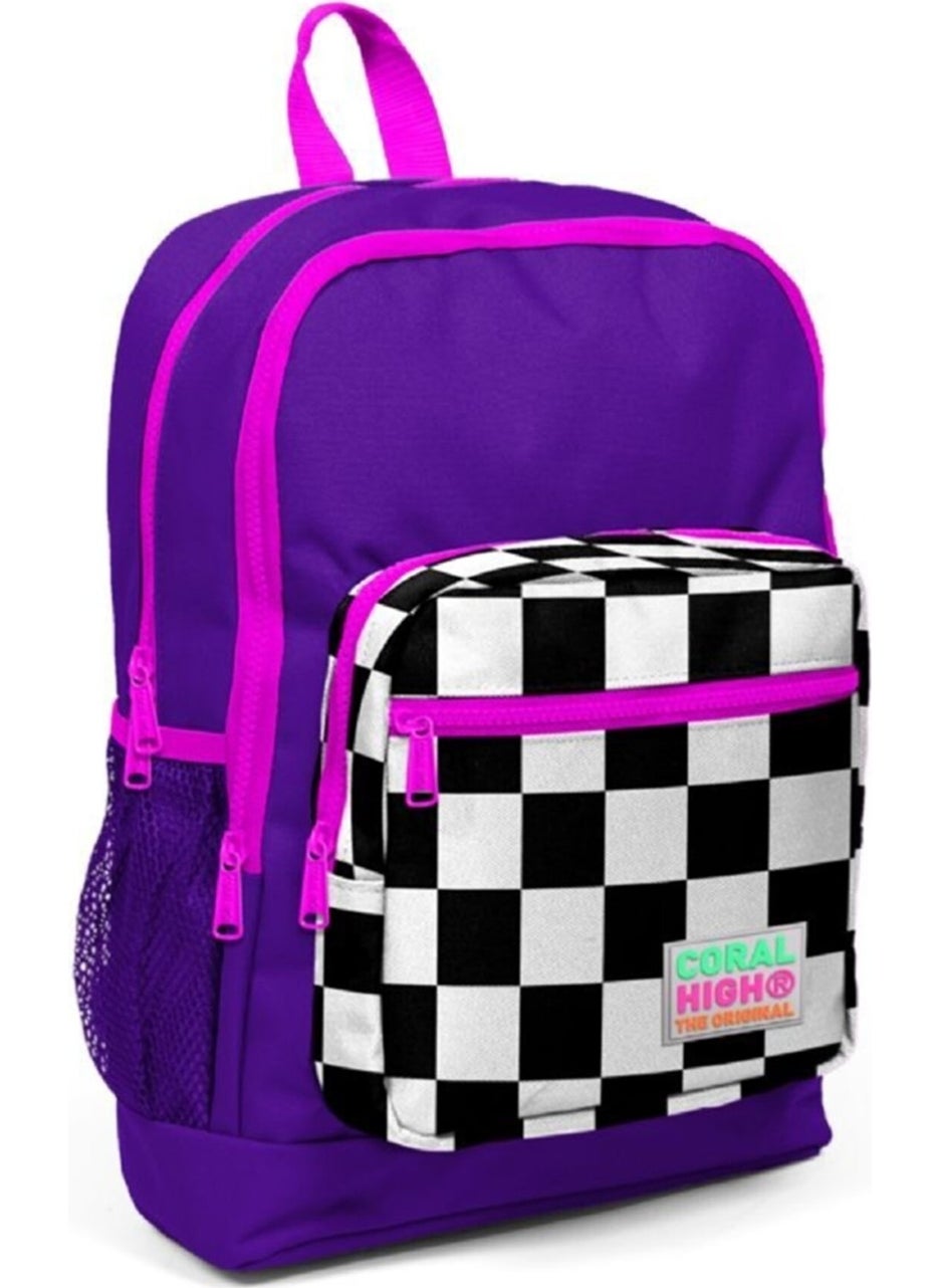 Purple Checkered Patterned School Backpack 23702