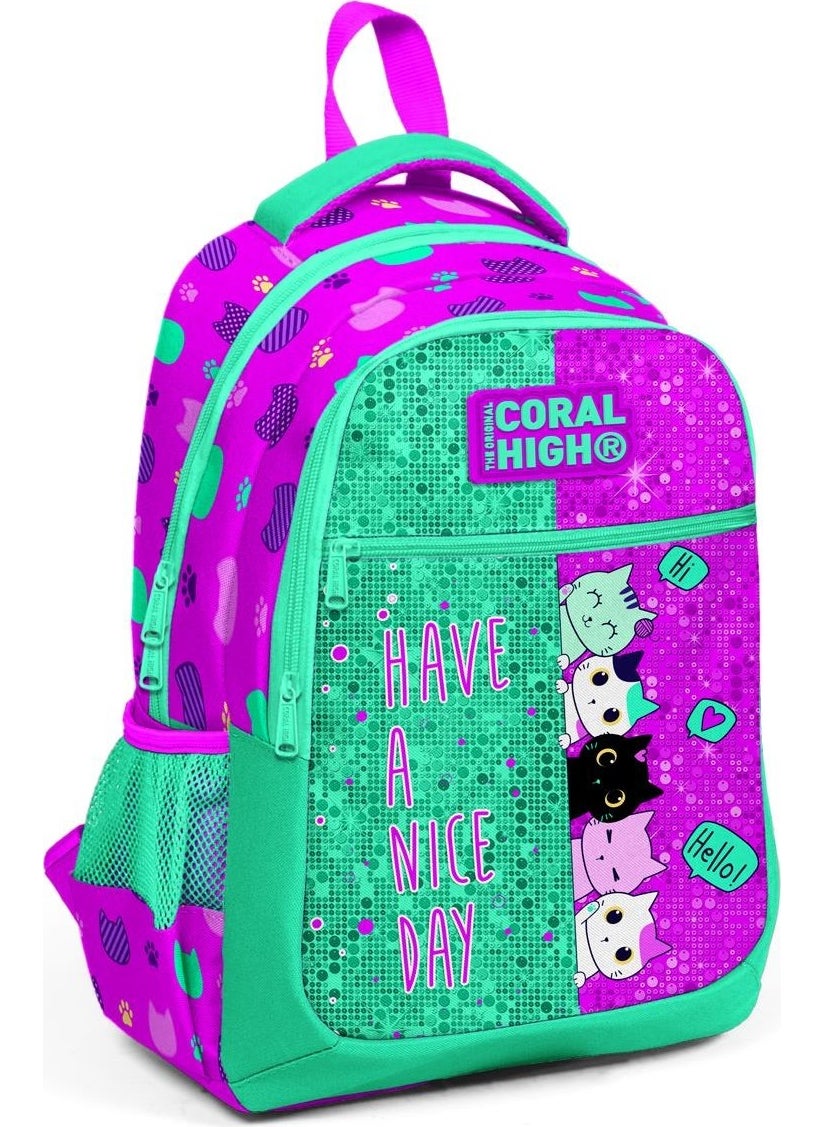 Kids Pink-Water Green Three Compartment School Bag 23490