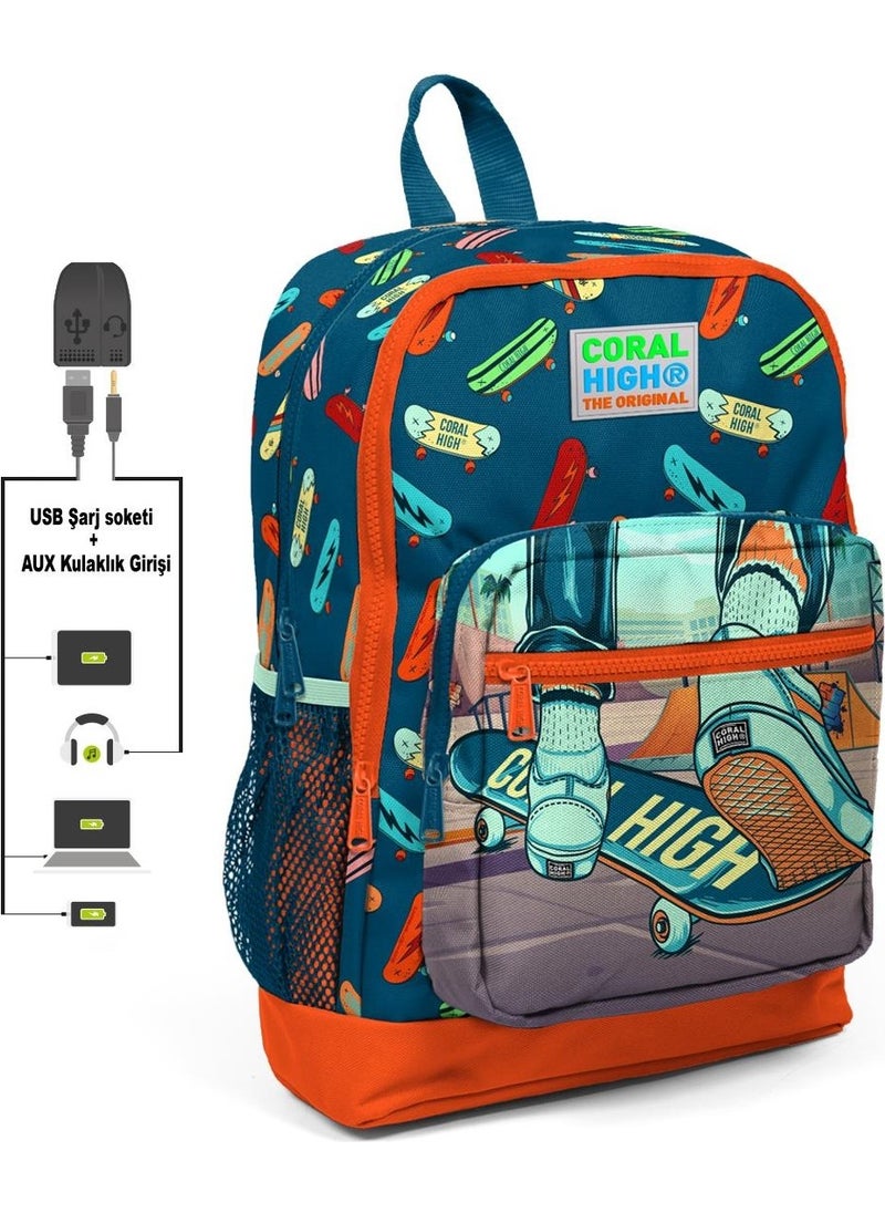 Kids Four Compartment Orange Primary School Bag with USB Charging and Headphone Output 23823