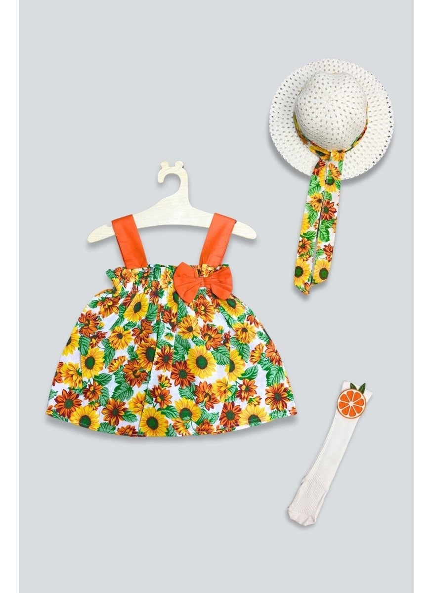 Orange Flower Patterned Hat Dress Socks Set